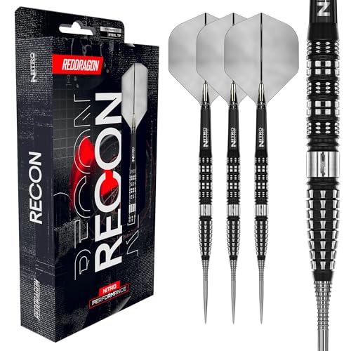 RED DRAGON Darts - Recon Serie - 23g Tapered Fass Steeldarts - Dartpfeile Metallspitze - 90% Tungsten Profi Dartpfeile - Nitro Flite Integrierter Flug/Schacht, Dartflüge & Schäfte