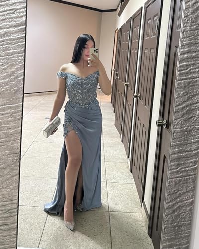 Off Shoulder Satin Prom Dresses Long with Slit 2024 Lace Applique Mermaid Formal Evening Party Gowns LS064