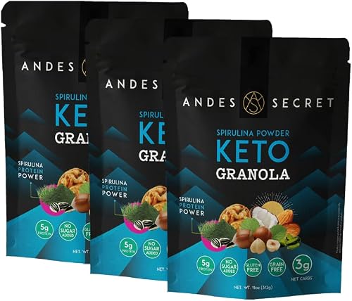 Andes Secret - Spirulina Keto Granola - Healthy Breakfast Cereal - Low Carb Snack Food - 3g Net Carbs - Gluten Free - Almonds, Hazelnuts, Coconut and more 3 Pack (11oz each)