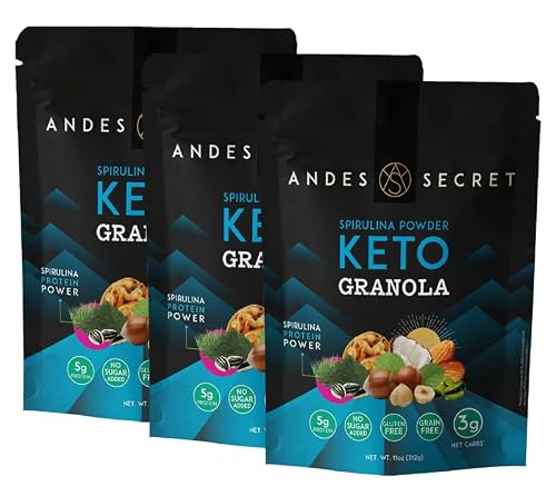 Andes Secret - Spirulina Keto Granola - Healthy Breakfast Cereal - Low Carb Snack Food - 3G Net Carbs - Gluten Free - Almonds, Hazelnuts, Coconut And More 3 Pack (11Oz Each) #TOP3