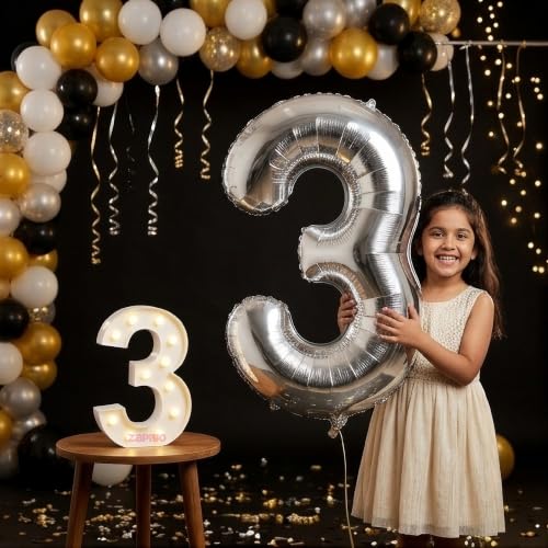 Image of Balloonistics Silver 40-Inch Foil Number 3 Balloon with Matching LED Marquee Light - Combo Set for 3rd Birthday, Anniversary, Party Decoration, Photo Booth Backdrop, Cake Table Decor