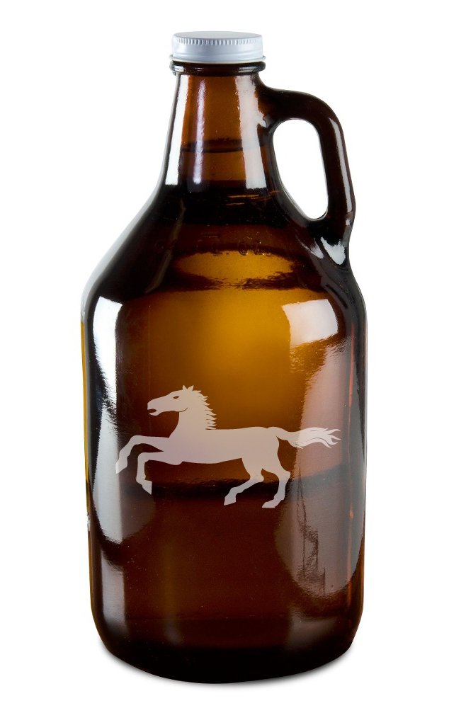 Medieval Charging Horse Hand-Made Etched Glass Beer Growler 64 oz