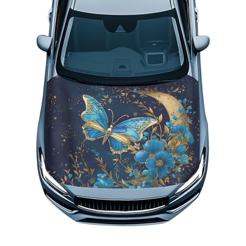 Image of Bulopur Blue Butterfly Car Hood Cover Easy to Install Car Hood Cover Protector Elastic Fabrics Can be Washed Stretch Polyester Fabric Cover Personalized Suitable for Cars