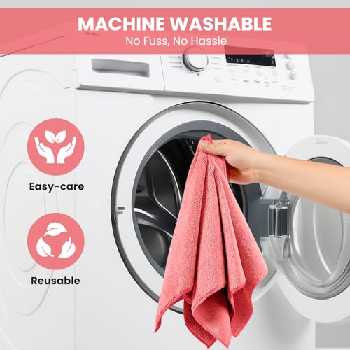 Image of SIFANGKE Microfiber Cleaning Cloth, 12 Pack Pink Cleaning Rags for Housekeeping, Reusable Microfiber Towels for Car, Kitchen, Bathroom and Household Cleaning Supplies, 11.8 inchX11.8 inch