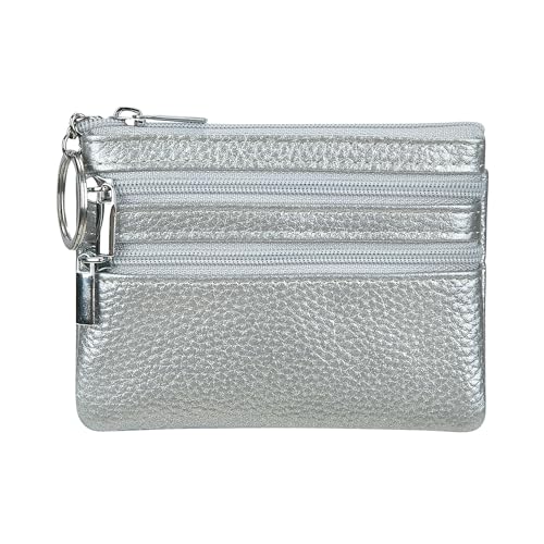 Women's Genuine Leather Coin Purse Mini Pouch Change Wallet with Keychain, Silver, One Size, Coin Purse