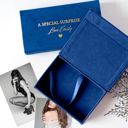L-site Boudoir Photo Box - For Your Eyes Only - Wedding Personalized Gift for Husband, Groom, Boyfriend - Anniversary Prints - Velvet Storage (4x6 (10x15cm), Navy)