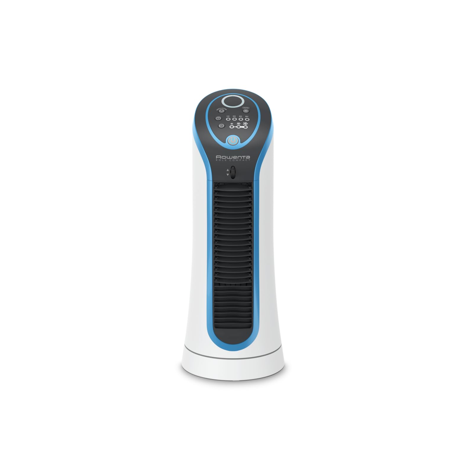 Rowenta Eole Compact Ventilador Pequeño Portatil de 30 W, Airflow 3D con 3 Velocidades de Aire y Sistema Silencioso 45dB, Potente, Moderno, Sin Aspas, Tecnológico, Color Blanco, Negro Y Azul VU6210
