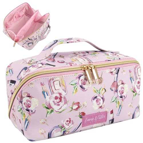 Emma & Chloe Bolsa de cosméticos compacta com compartimentos | 6 seções à prova d'água, estojo de maquiagem de higiene pessoal de viagem para mulheres – Bolsa de fácil abertura de 180°, Florais