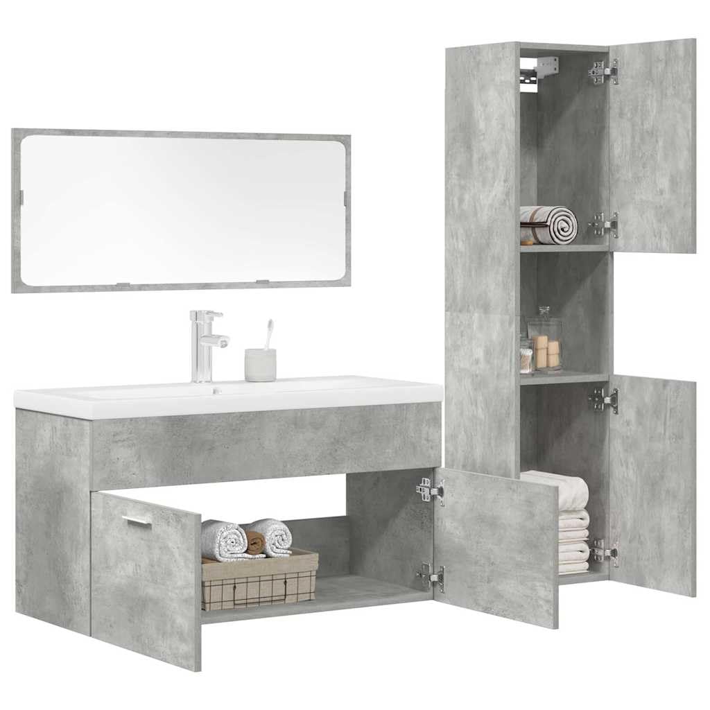 Juego de 4 muebles de baño, color gris hormigón, de madera, con lavabo, espejo, armario alto, armario colgante, montaje en pared, espacio para cuarto de baño, invitados, inodoro