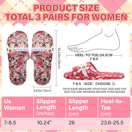 3 Pairs Floral Cotton House Slippers for Guest Women Washable Indoor Cotton Slippers Open Toe for Hotel Travel Airplane Spa2