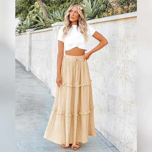 IWEMEK Women Summer Boho Flowy Swing Tiered A-Line Midi Skirt Ruffle Elastic High Waist Casual Holiday Beach Party Long Skirt4