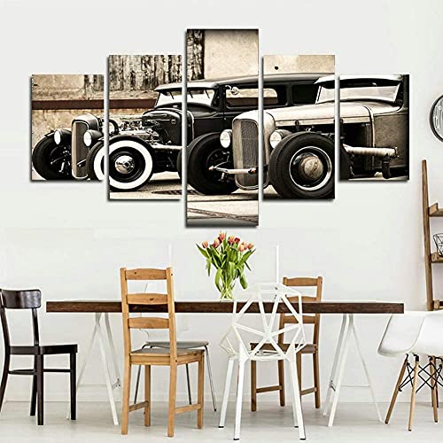 Tableau deco murale salon moderne 5 pieces voitures anciennes retro