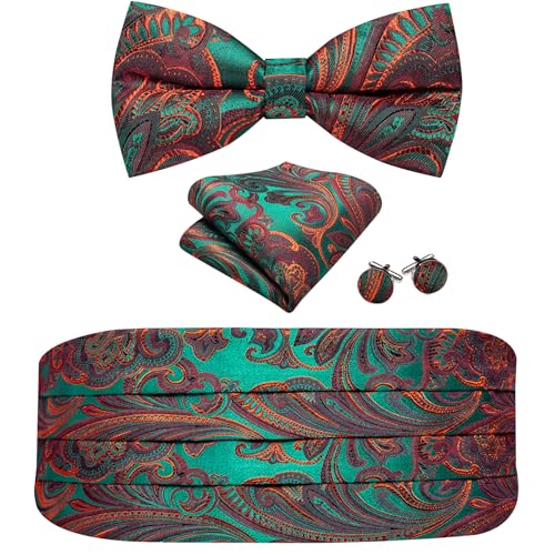 Image of Barry.Wang Men Silk Paisley Cummerbund and Pre-tied Bowtie Handkerchief Cufflink Set for Tuxedo