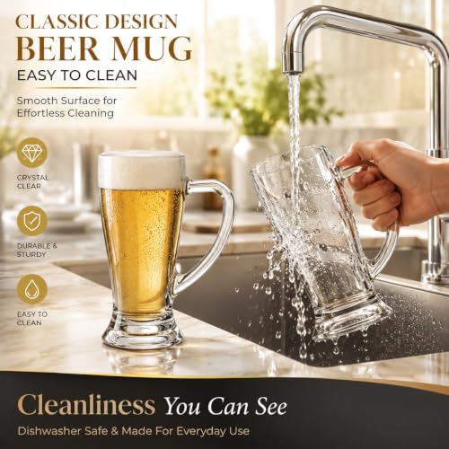 Image of WRINGO Beer Mugs Set of 2, 450ML Glass Mug with Handle, Large Big Heavy Mugs for Freezer, Multipurpose Mugs, Dishwasher & Microwave Safe (BR-06)