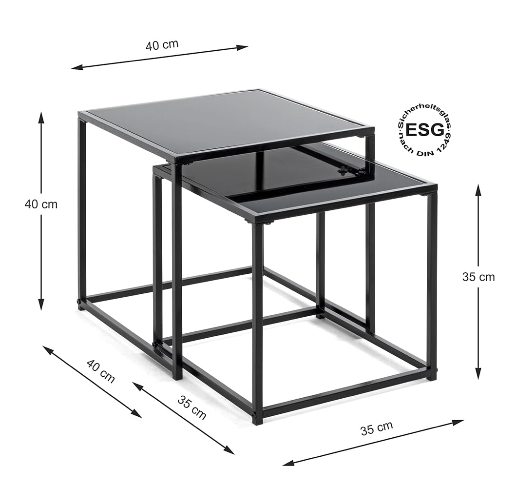 HAKU Set di 2 Tavolini in metallo nero Tavolino da salotto con vetro di sicurezza da 5 mm - Dimensioni: L 35/40 x A 35/40 x P 35/40 cm Stile: Moderno