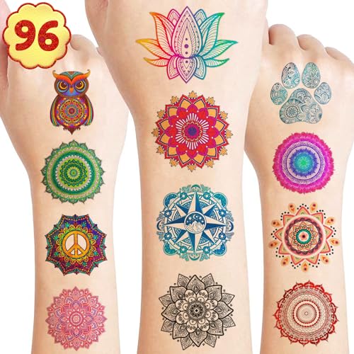 96PCS Pre-Cut Mandala Temporary Tattoos - Indian Decorations Themed Stickers for Boys and Girls Birthday Party Supplies, Decorations, Favors, and Prizes - Cute Gifts