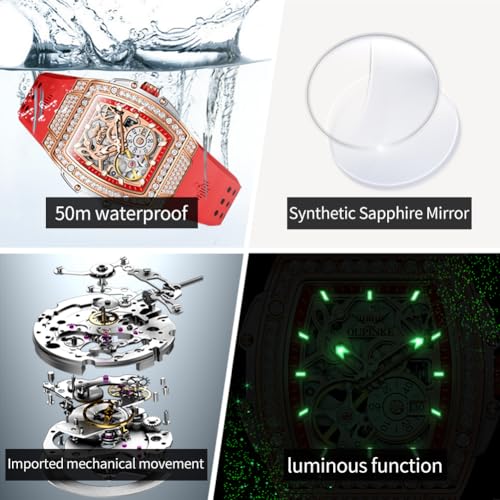Image of OUPINKE Automatic Womens Watches Luxury Diamonds Hollow Skeleton Square Ladies Watches Soft Silicone Strap Fashion Dress Rose Gold Female Watch Waterproof