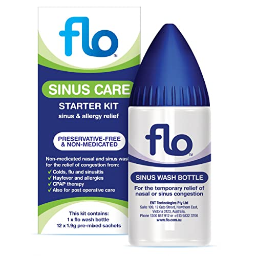 FLO Sinus Relief, Sinus Rinse Starter Kit With 12 Pre-Mixed Packets for Nasal Wash, Preservative-Free and Non-Medicated, Nose Cleaner Adult