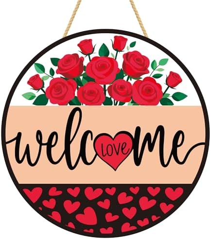 Valentines Day Decorations - Wreath Welcome Sign for Front Door | Rustic Round Wood Wreaths,Heart Rose Garland Outdoor Indoor - Valentines Decor Party Favors Supplies for Door Wall Room Porch Kitchen