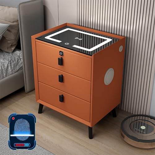 Mesita de noche inteligente con puerto de bloqueo de huellas dactilares, luces ajustables, estación de carga inalámbrica y altavoz, moderno armario de noche con marco de madera maciza (40 cm)