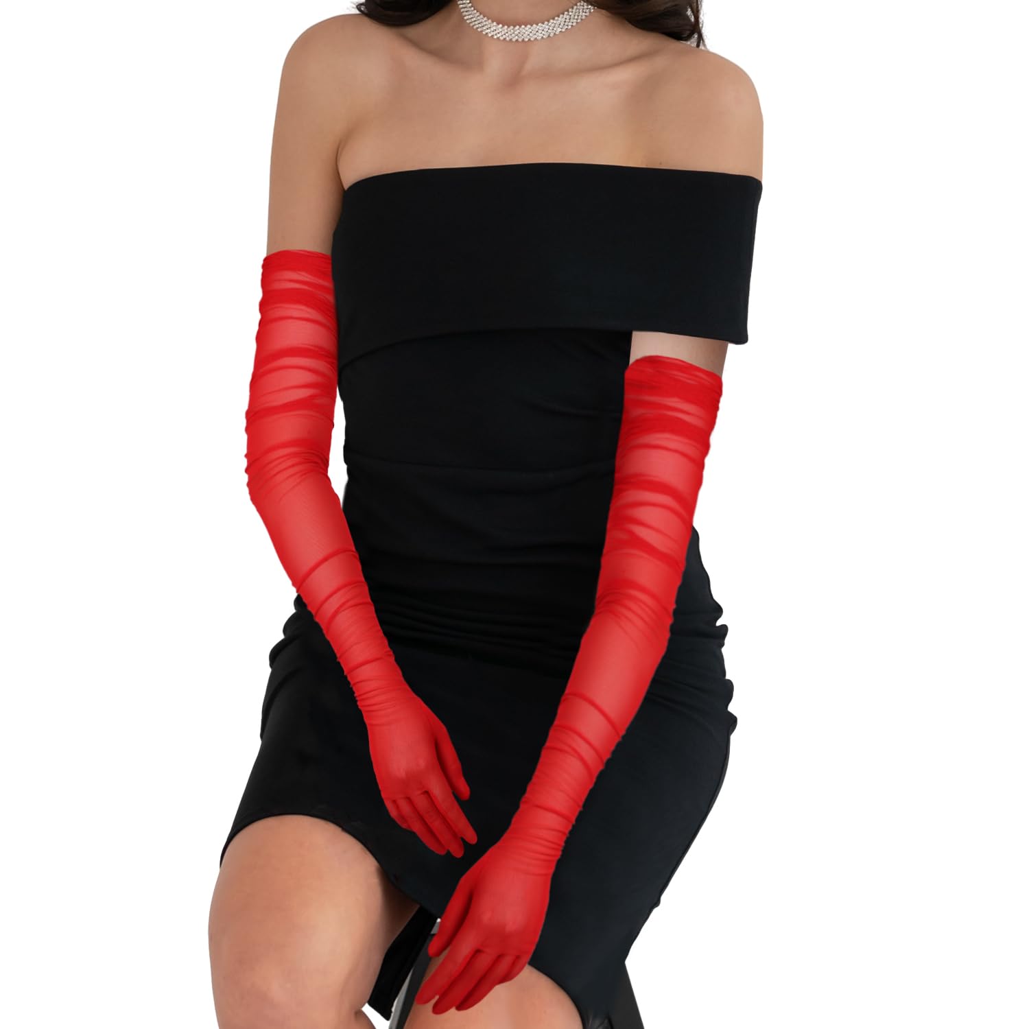 Dlugie Rekawiczki Damskie, 1920s Seksowne Przezroczyste Rekawiczki Eleganckie Dlugie Rekawiczki Operowe Siatkowe Tiulowe Rekawiczki na Impreze Kostiumowa Wieczór Halloween (Czerwony)