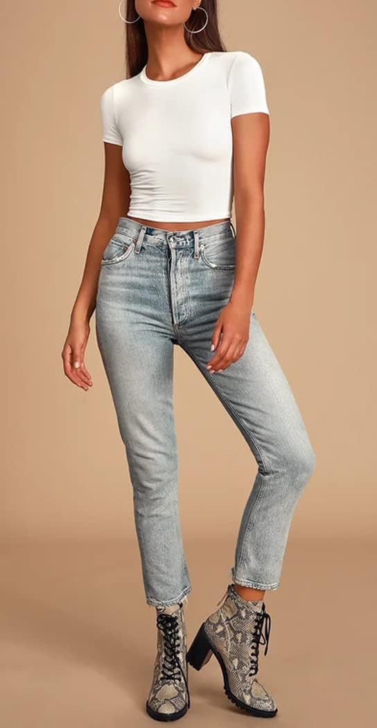 Women's Summer Causal Short Sleeve Blouse Round Neck Crop Tops Basic Tee T-Shirt - Image 5