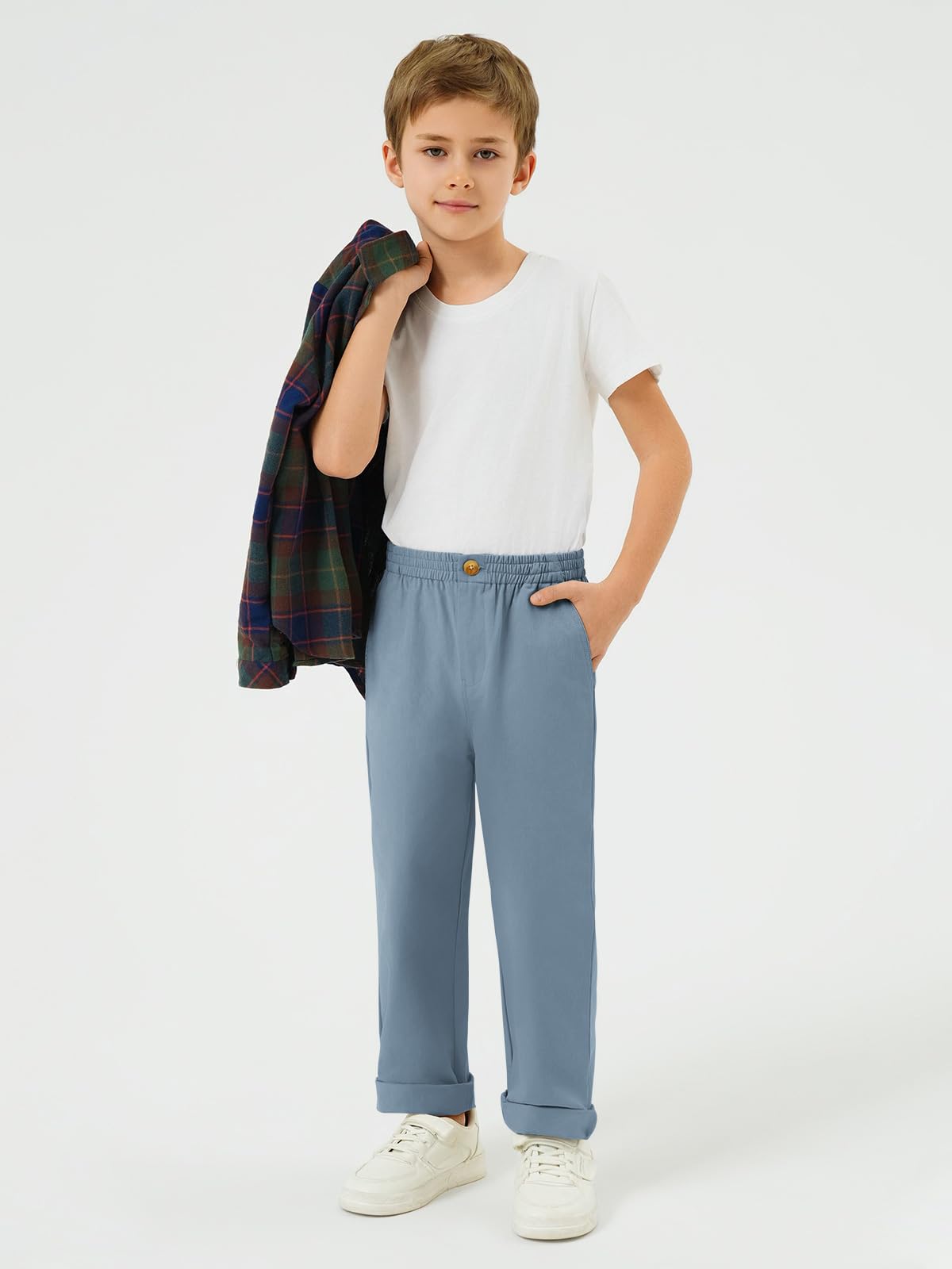 Haloumoning Pantalones chinos de uniforme escolar para niños, cintura elástica, pantalones de sarga con bolsillos, 5-14 años