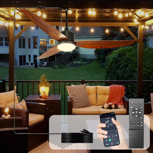 Depuley Outdoor Ceiling Fan with Light: 52 Inch Gazebo Fan Outdoor Hanging - Plug in Fan for Patio Waterproof - Dimmable Fans with Lights Remote App Control - Walnut