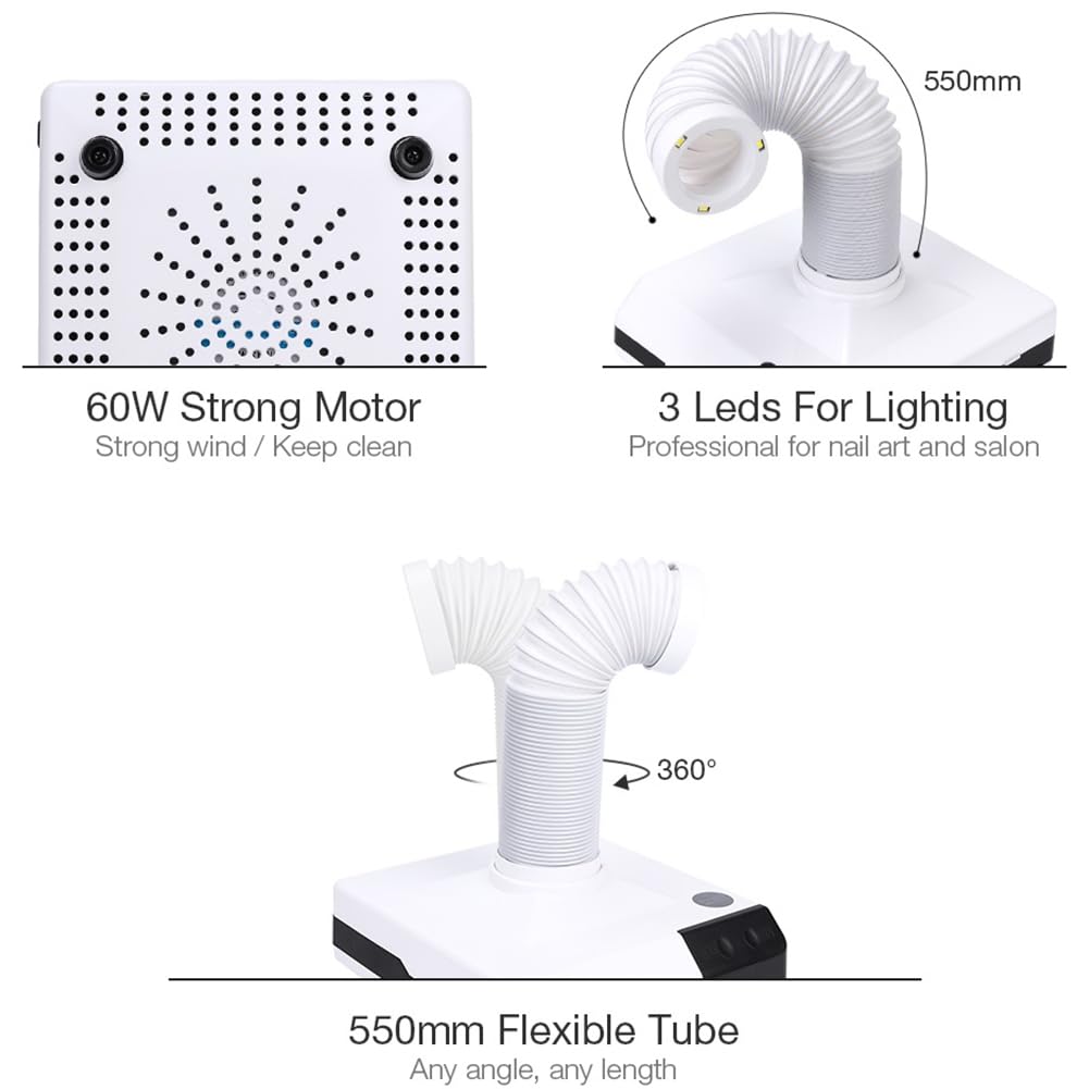 Máquina colectora de polvo de uñas, aspiradora de 60 W para soldar y moler polvo, tamaño mini de escritorio con luz LED para trabajos de soldadura de bricolaje