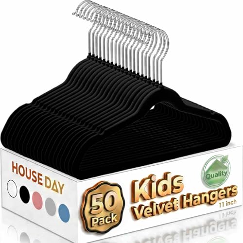 Image of HOUSE DAY 11 Inch Velvet Baby Hangers 50 Pack Black, Premium Kids Hangers for Children/Infant/Toddler Clothes, Durable Non Slip Small Baby Felt Hanger for Closet, Ideal for Everyday Use
