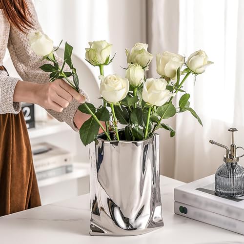 Liquid Chrome Ceramic Vase 5.32L&7.10H Textured Silver Flower Vase Silver Vase Chrome Flower Vase Modern Wide Mouth Paper Bag Shape Metallic Vase Chrome Home Decor for Table Mantel Living Room