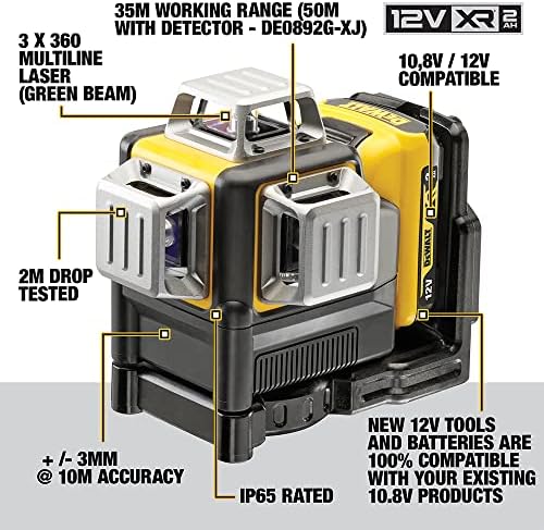 DEWALT Self Levelling Multi Line 3 x 360 Degrees Green Beam Laser 12V MAX* with Battery 2.0Ah Li-Ion and Charger Carry Case DCE089D1G