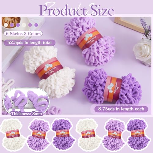 Image of Threlaco 6 Pack Finger Loops Yarn Bulk Soft Chunky Yarn 600 G / 6 Skeins for Mothers Day Beginners Knitting No Needles or Hooks(White, Light Purple, Taro Purple)