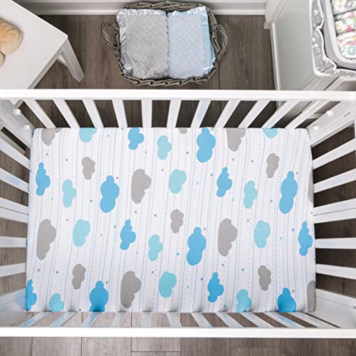 Image of EVERYDAY KIDS 2 Pack n Play Mattress Sheets - 100% Jersey Knit Cotton Soft Portable Crib for Boys with Blue Gray Celestial Star and Cloud Designs; Pk Playpen or Mini Fitted Sheet Set Stars /Clouds