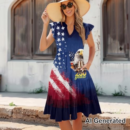 Image of Women's Casual Ruffle Sleeve Dress V Neck Pullover Dress Flowy A-Line Pleated Lightweight Dress with Pockets