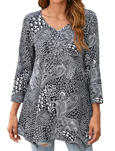 Enmain Tunique Femme Longue Grande Taille Col V Chemisier à Manches 3/4 Chic et élégant Tuniques à Motifs Haut Ample pour Femmes,Noir et Marron,M