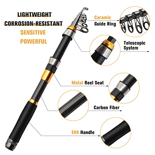 Sanlike Fishing Rod And Reel Combos, 5.9 Feet Carbon Fiber Telescopic Fishing Pole Combo Set Quick Set Spinning Reel With Lures Accessories Travel Kit And Carrier Bag For Saltwater Freshwater #TOP1