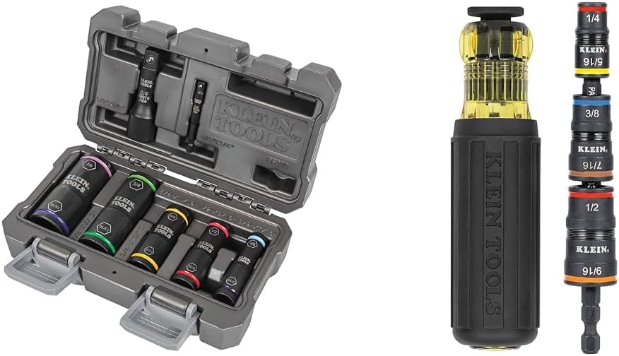 Klein Tools 66070 Impact Socket Set - 5 Sockets & 32910 Impact Driver, 7-in-1 Flip Socket Set with Handle, 6 Hex Driver Sizes plus a 1/4-Inch Bit Holder