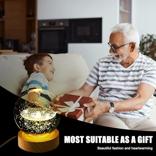 Image of UCRAVO 3D Galaxy Crystal Ball with Wooden Base, 3D Solar System, Planet Engraved Glass Ball Cosmic Model, Luminous Crystal for Christmas Nightlight Astronomy Gifts for Kids Birthday