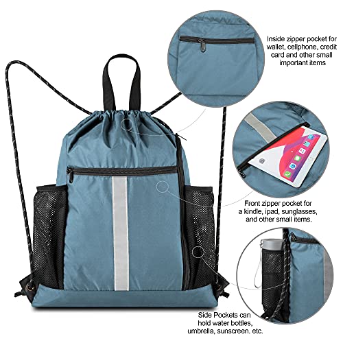Image of BeeGreen Blue Sport Cinch Bag String Backpack with Shoe Compartment and Two Side Mesh Pockets Machine Washable Sturdy Gymsack Drawstring Sackpack