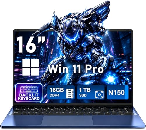 CHIFUYOU Ordinateur Portable 16 Pouces 2026, 16Go RAM, SSD 1To, pc Portable N150 3,6 GHz, Win 11 Pro, résolution 1920 x 1200 p, Batterie de 6000 mAh, Clavier rétroéclairé - Étudiant/Bureau/Entrepris