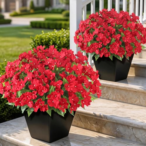 YXZZWL 8 Bundles 16 Artificial Impatiens Bouquet Outdoor Silk Flowers(Red)