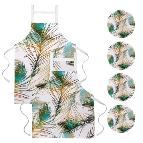 Lot de 2 tabliers de cuisine avec 4 broches motif plumes de cacao