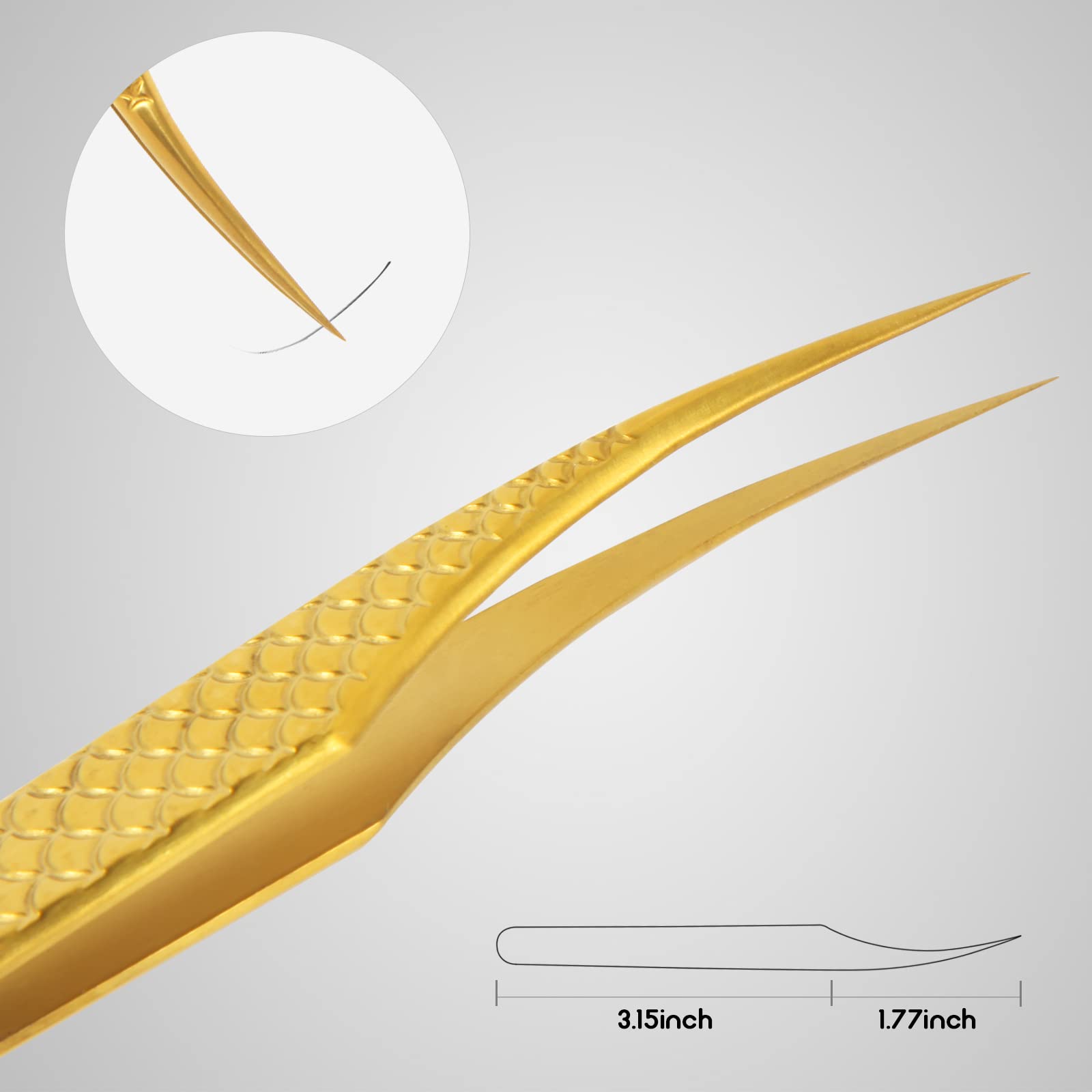 FEITA Diamond Grip - Pinzas de precisión para extensiones de pestañas, acero japonés, con forma de delfín y punta angulada, herramientas de aplicación de pestañas postizas, color dorado, 2 unidades