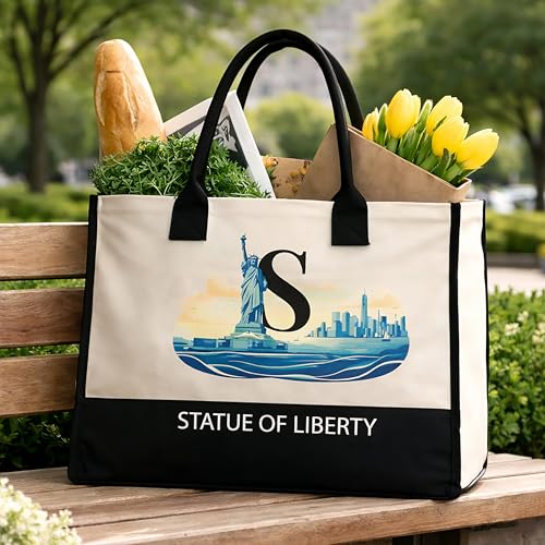 Image of Salt Earth Cotton Canvas Tote Bag - Alcatraz Island Landmark Design with Custom Initial, Durable Shoulder Bag for Women