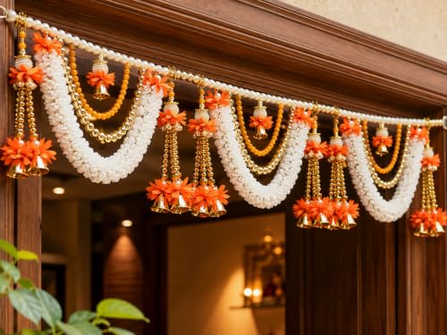 Best Navratri Home Decoration Items (2026) 23 Decorative Toran with Pink Flowers, White Beads, Golden Bells, Tr...
