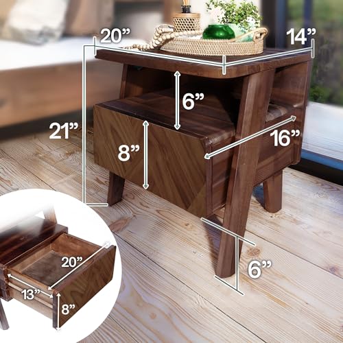 Image of Rum Nightstand with Drawers, Solid Acacia Wood Bedside Table with Drawer & Open Shelf, Handcrafted Wood Grain End Table, Scratch & Water-Resistant, Durable & Easy Assembly (Walnut, Rum)