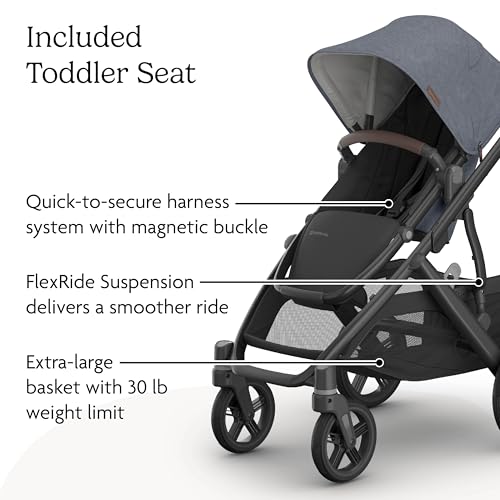 Image of UPPAbaby Vista V3 Stroller + Bassinet V3 - Convertible Single-to-Double Stroller System- Bassinet, Toddler Seat, Bug Shield, Rain Shield Included -Julian-Dusty Blue Melange | Carbon Frame
