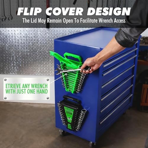 Image of 2-Piece Magnetic Wrench Organizer, Metric & SAE Portable Plastic Wrench Holder, 24-Slot Total, Foldable Carrying Handle for Wall-Mounted, Easy-Open Lock Cover, Wrenches Storage Rack Tool for Tool Box