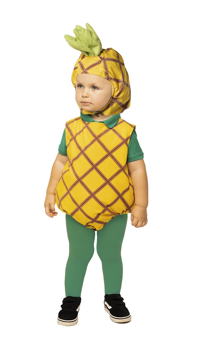 Rubies Disfraz de Piña para niño y niña, talla bebé 1 a 2 años, Mono de Piña color amarillo, medias verdes y gorro, original de Rubies para halloween, navidad, carnaval y cumpleaños.
